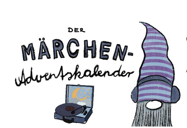 Gezeichneter Wichtel neben einem Plattenspieler, dazu der Schriftzug "Der Märchen-Adventskalender"