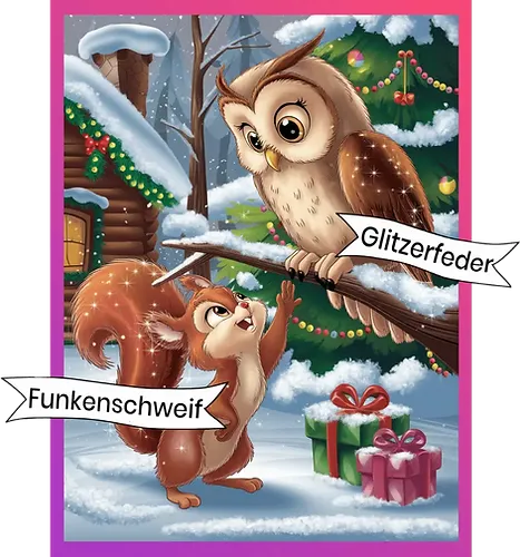 Gezeichnete Eule "Glitzerfeder" und Eichhörnchen "Funkenschweif" vor einer verschneiten Hütte mit Geschenken
