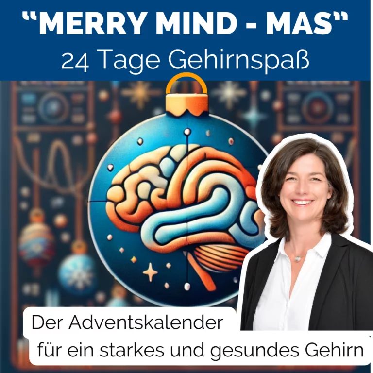 Christbaumkugel mit einem bunt gezeichneten Gehirn, dazu "Merry Mind-Mas - 24 Tage Gehirnspaß"