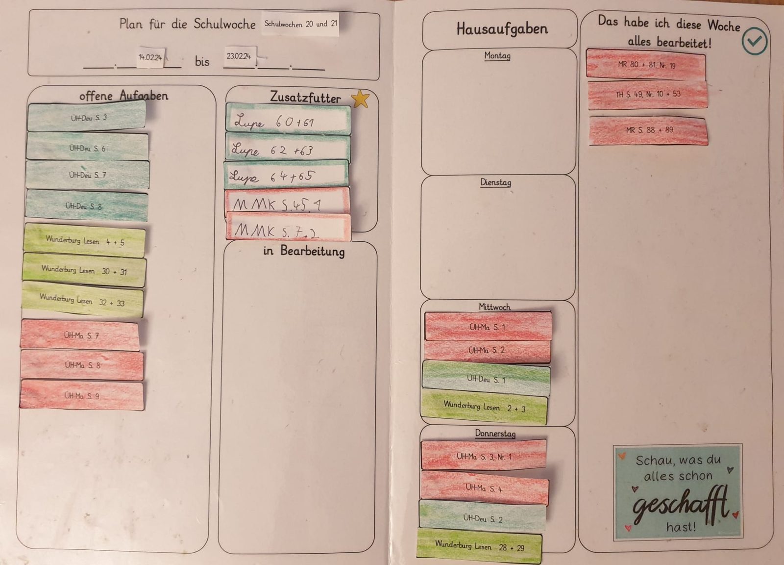 Kanban-Board für eine Schulwoche