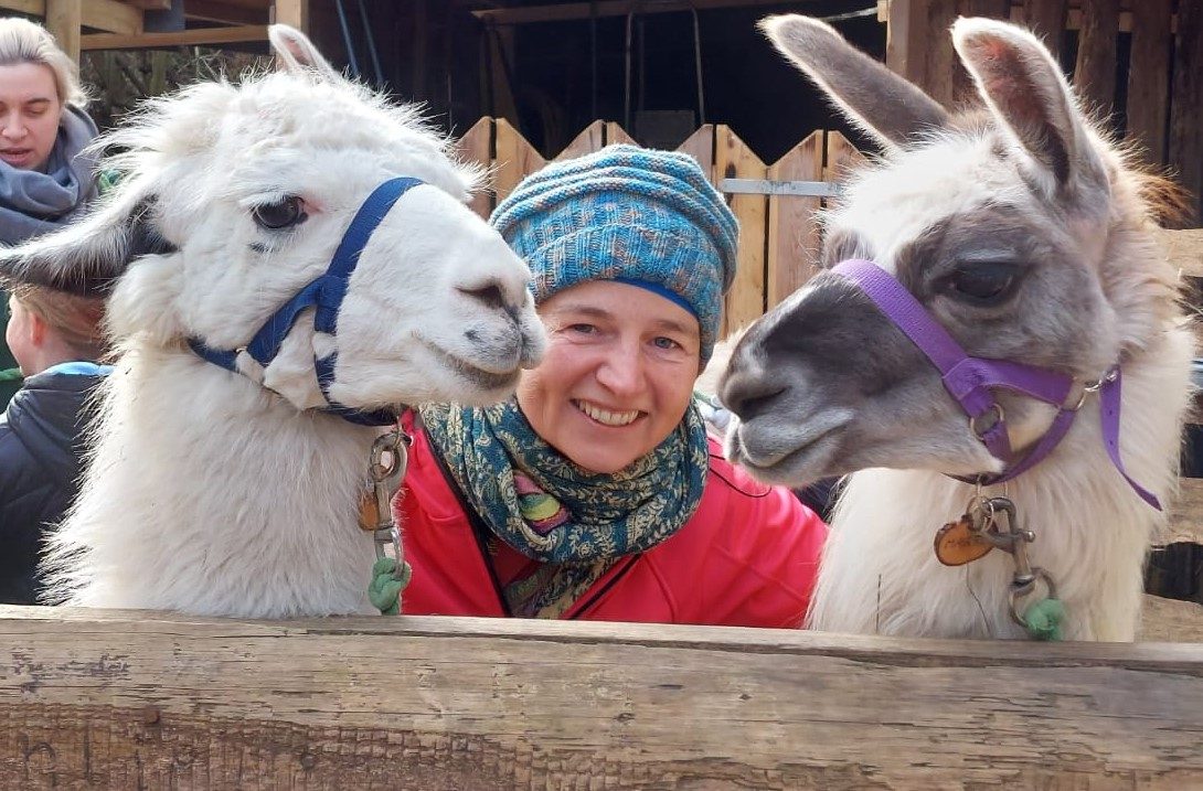 Danielle mit Mütze zwischen zwei Lamas am Gatter