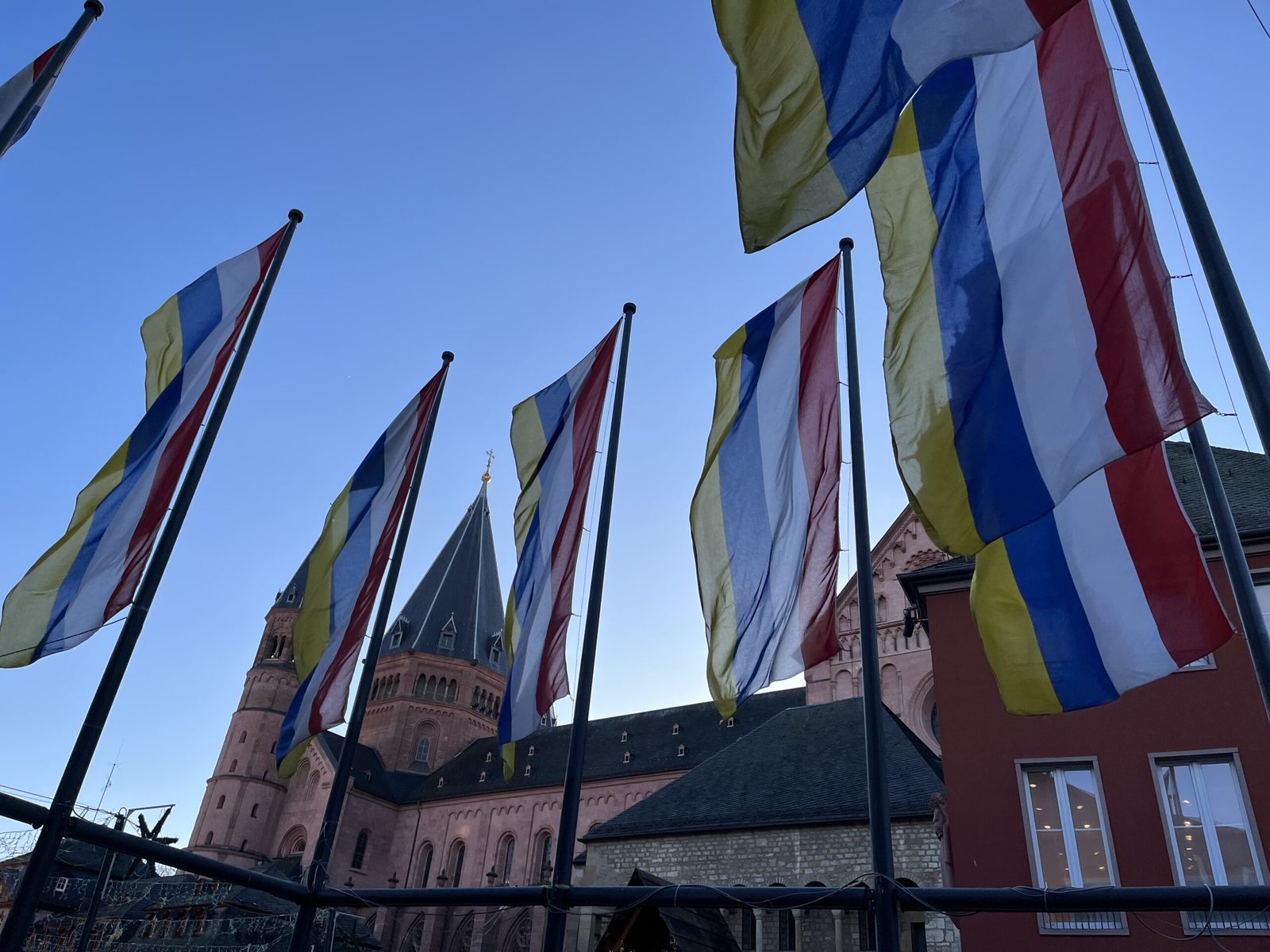 Mainzer Fahnen wehen vor dem Dom im Morgenlicht
