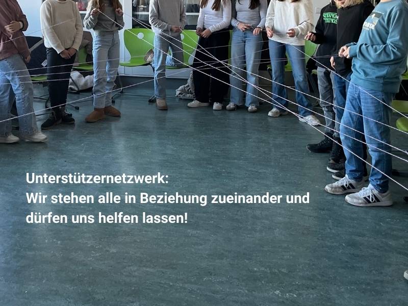 Resilienztraining in der 6. Klasse: Unterstützernetzwerk - Schulkinder mit einem Netz aus Wolle